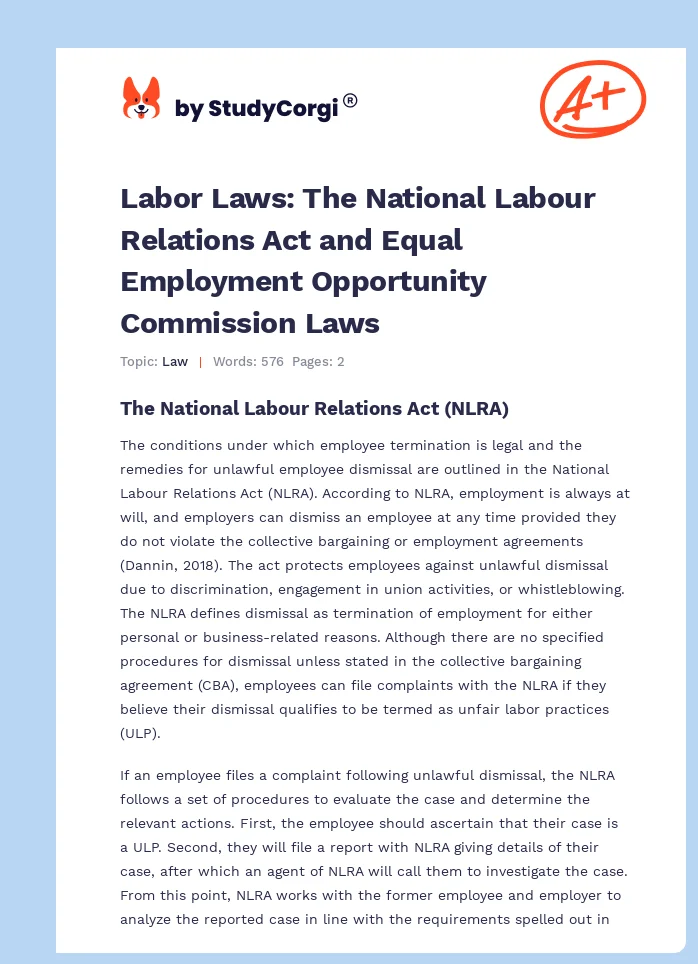 Labor Laws: The National Labour Relations Act and Equal Employment Opportunity Commission Laws. Page 1