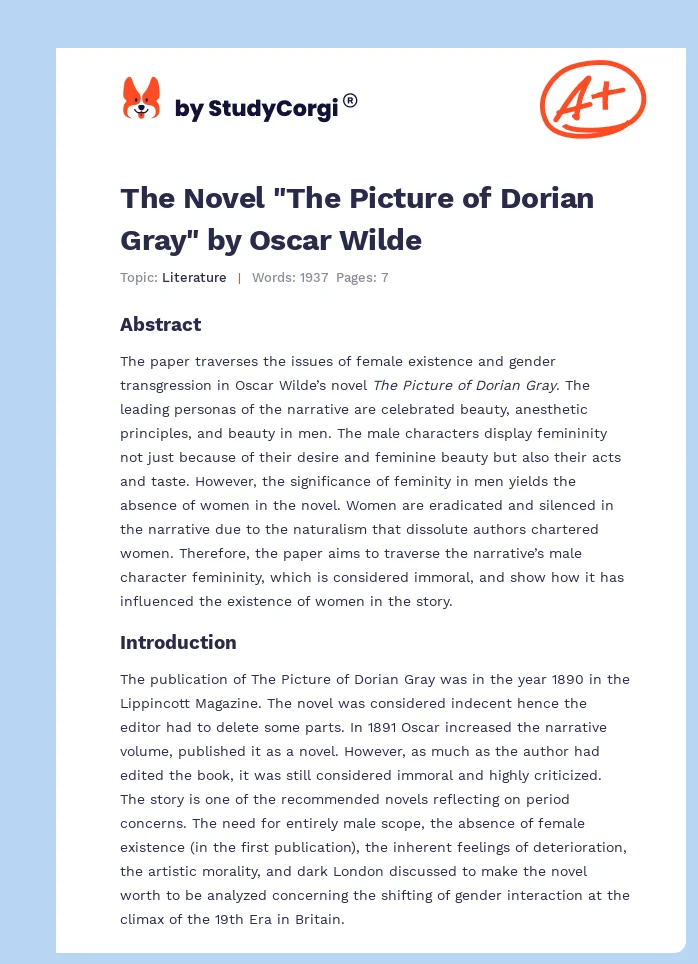 The Novel "The Picture of Dorian Gray" by Oscar Wilde. Page 1