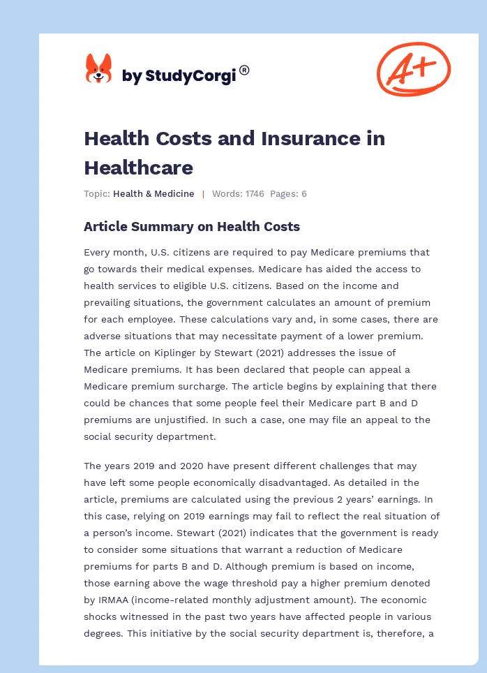 Health Costs and Insurance in Healthcare. Page 1