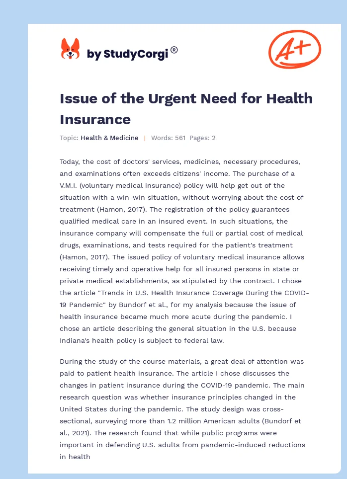 Issue of the Urgent Need for Health Insurance. Page 1
