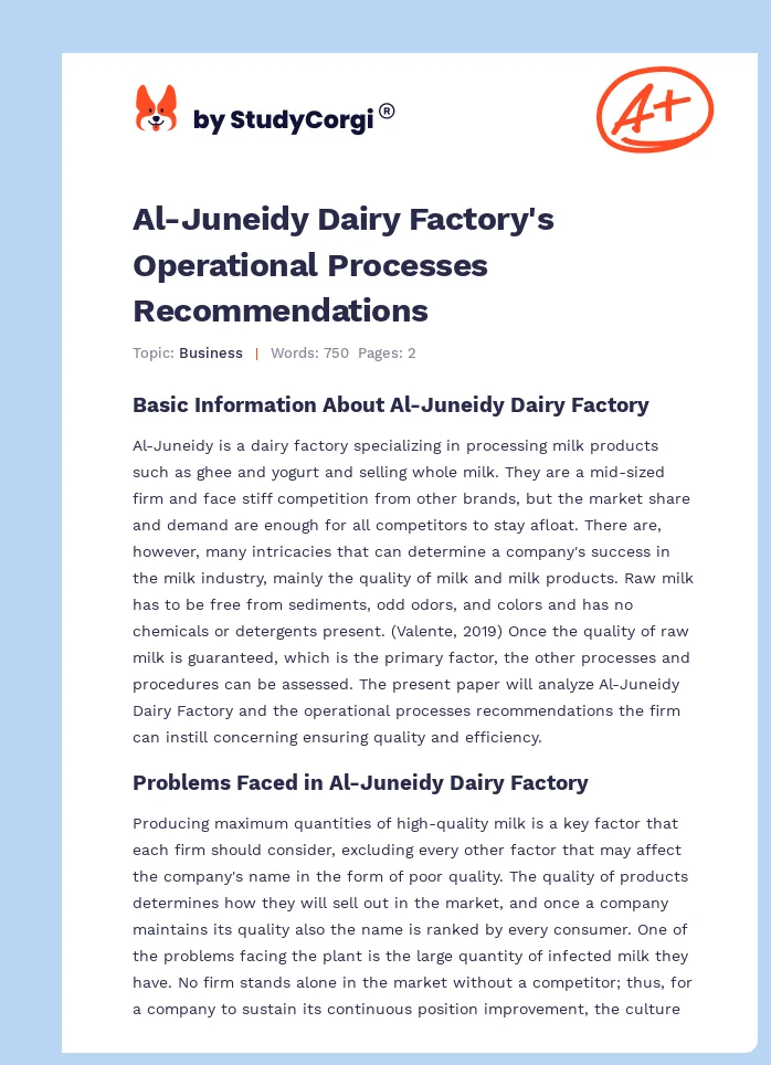 Al-Juneidy Dairy Factory's Operational Processes Recommendations. Page 1
