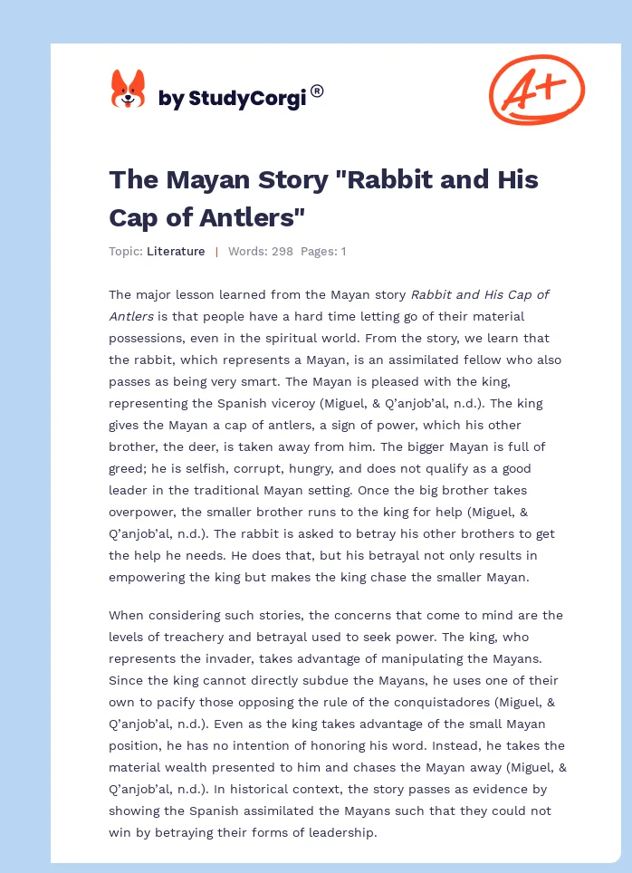 The Mayan Story "Rabbit and His Cap of Antlers". Page 1