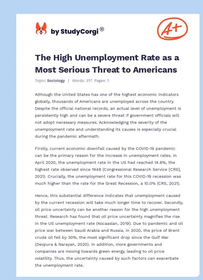 The High Unemployment Rate as a Most Serious Threat to Americans. Page 1