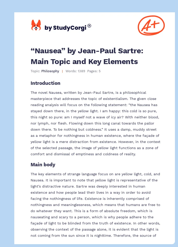 “Nausea” by Jean-Paul Sartre: Main Topic and Key Elements. Page 1