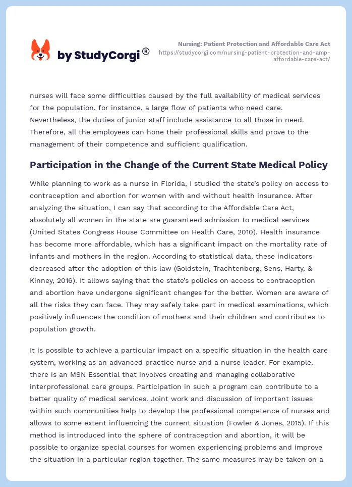 Nursing: Patient Protection and Affordable Care Act. Page 2