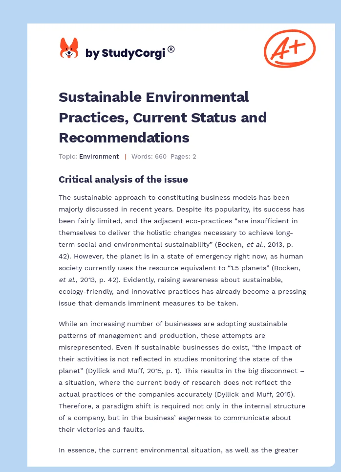Sustainable Environmental Practices, Current Status and Recommendations. Page 1