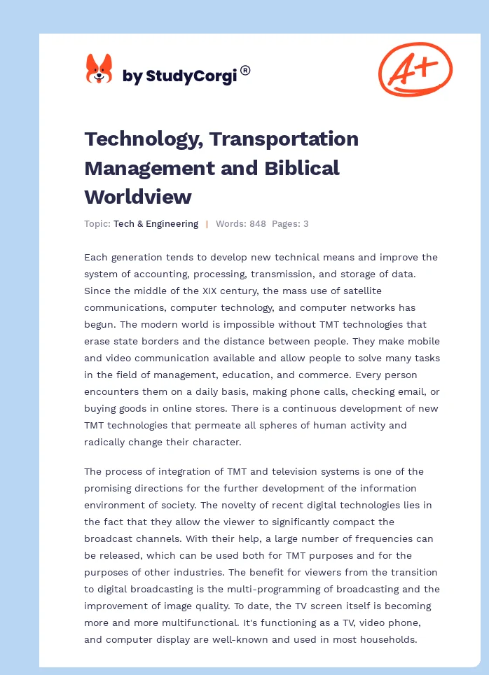 Technology, Transportation Management and Biblical Worldview. Page 1
