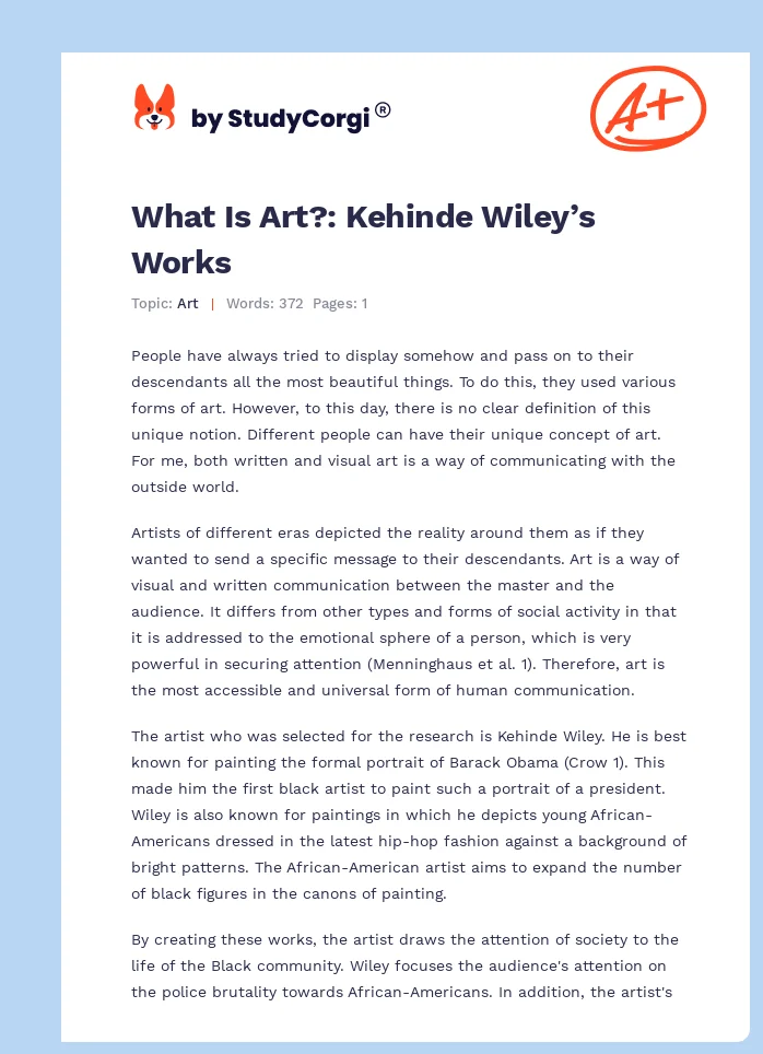 What Is Art?: Kehinde Wiley’s Works. Page 1