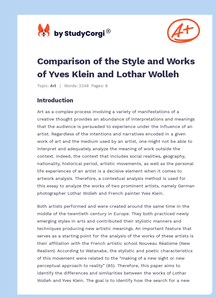 Comparison of the Style and Works of Yves Klein and Lothar Wolleh. Page 1