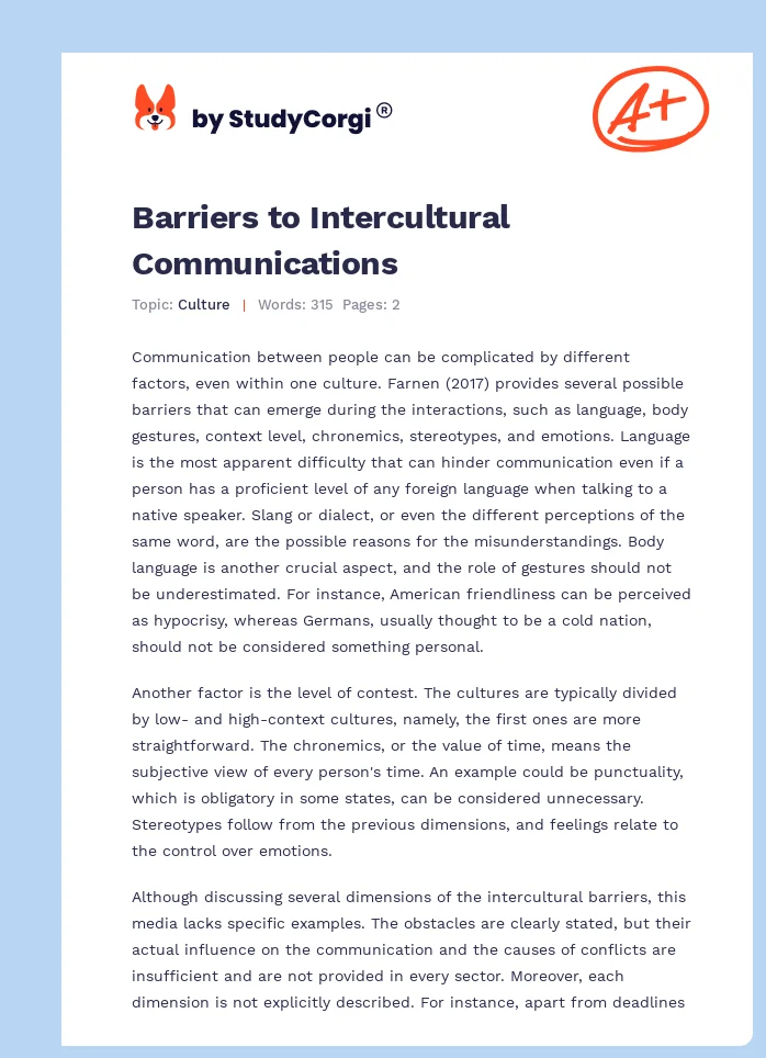 Barriers to Intercultural Communications. Page 1