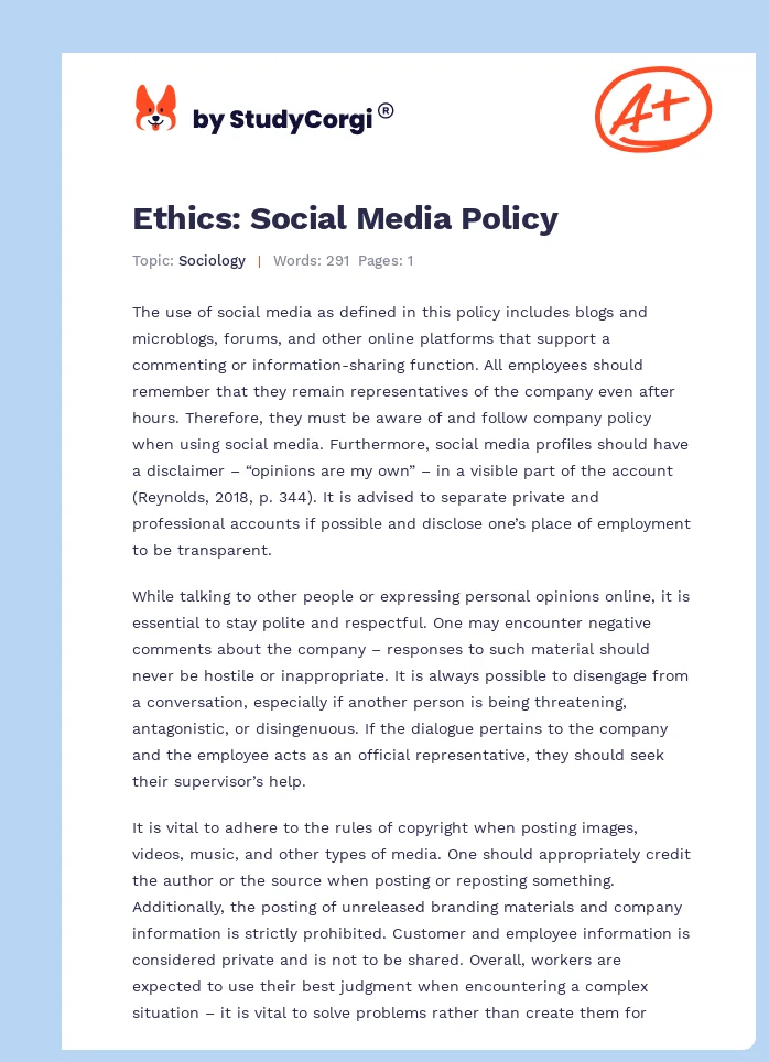 Ethics: Social Media Policy. Page 1
