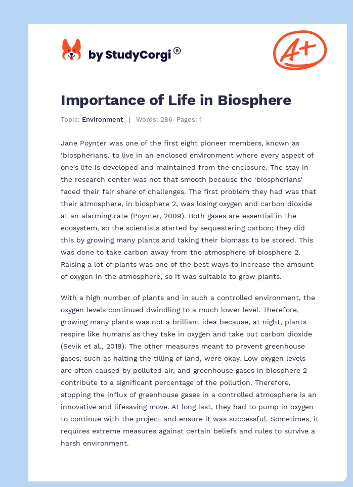 Importance of Life in Biosphere. Page 1