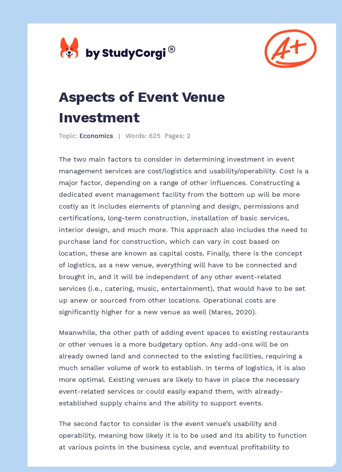 Aspects of Event Venue Investment. Page 1