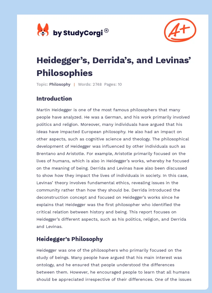 Heidegger’s, Derrida’s, and Levinas’ Philosophies. Page 1