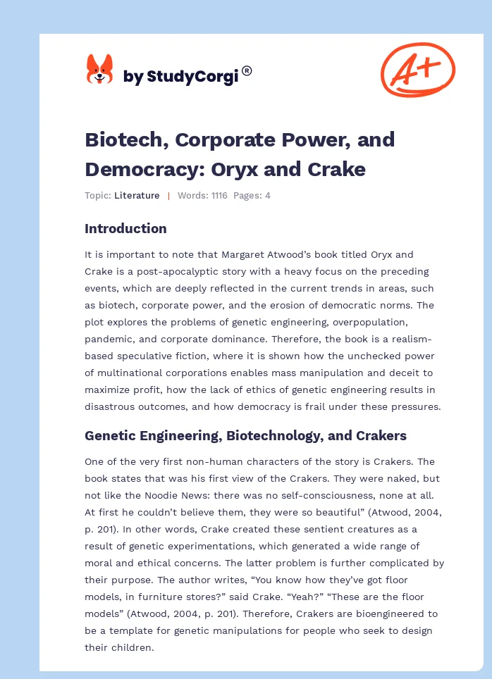 Biotech, Corporate Power, and Democracy: Oryx and Crake. Page 1
