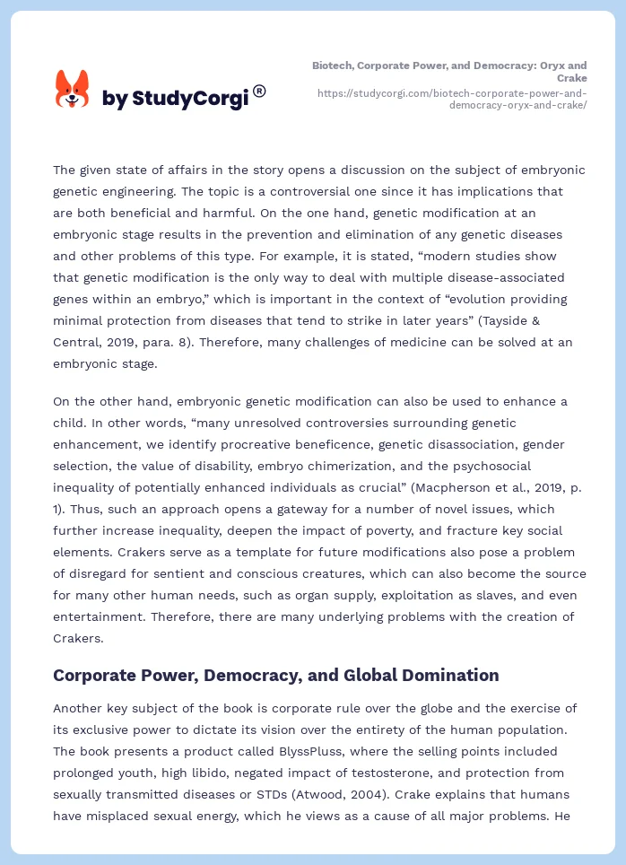 Biotech, Corporate Power, and Democracy: Oryx and Crake. Page 2