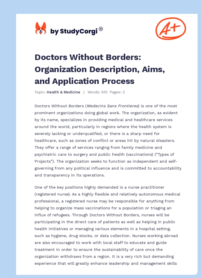 Doctors Without Borders: Organization Description, Aims, and Application Process. Page 1