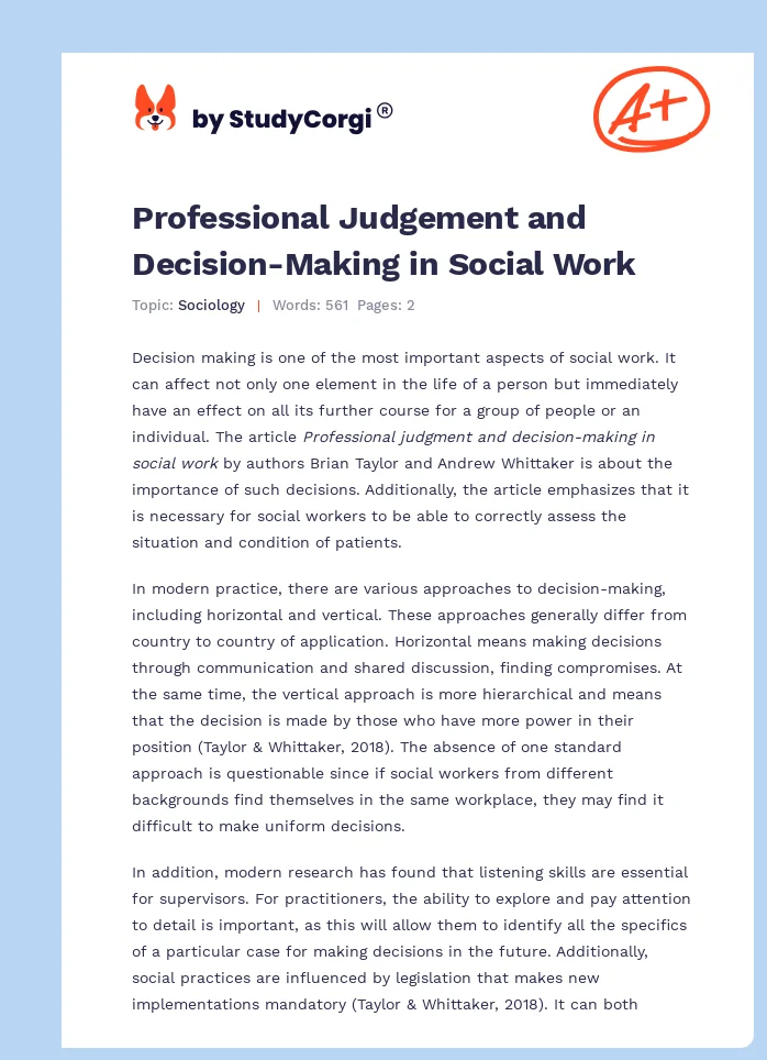Professional Judgement and Decision-Making in Social Work. Page 1