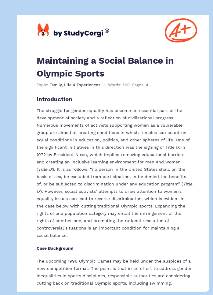 Maintaining a Social Balance in Olympic Sports. Page 1