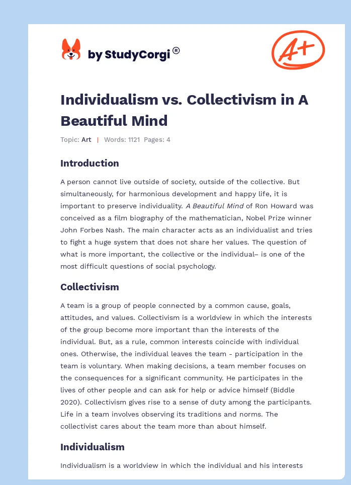 Individualism vs. Collectivism in A Beautiful Mind. Page 1