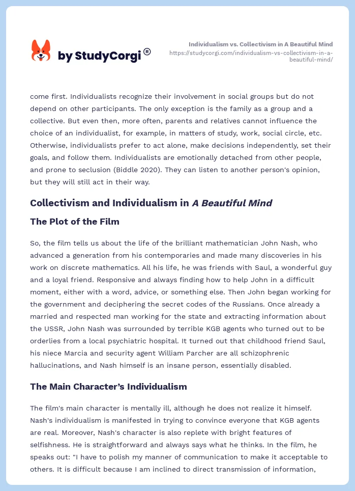 Individualism vs. Collectivism in A Beautiful Mind. Page 2