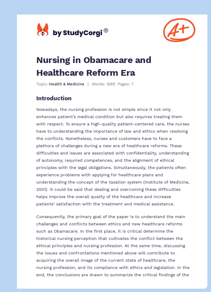 Nursing in Obamacare and Healthcare Reform Era. Page 1