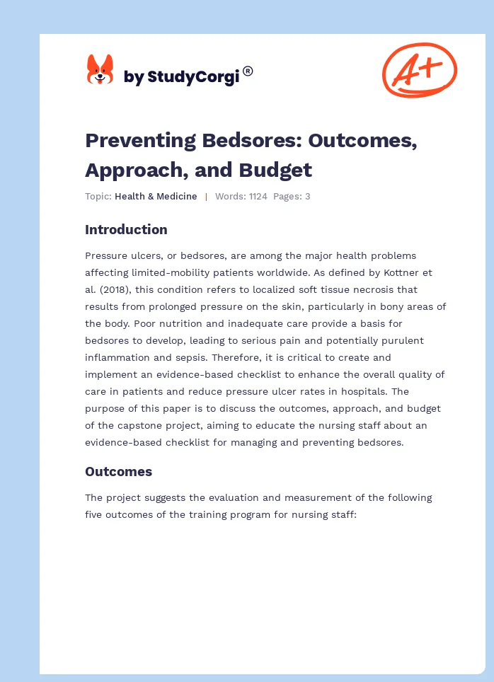 Preventing Bedsores: Outcomes, Approach, and Budget. Page 1