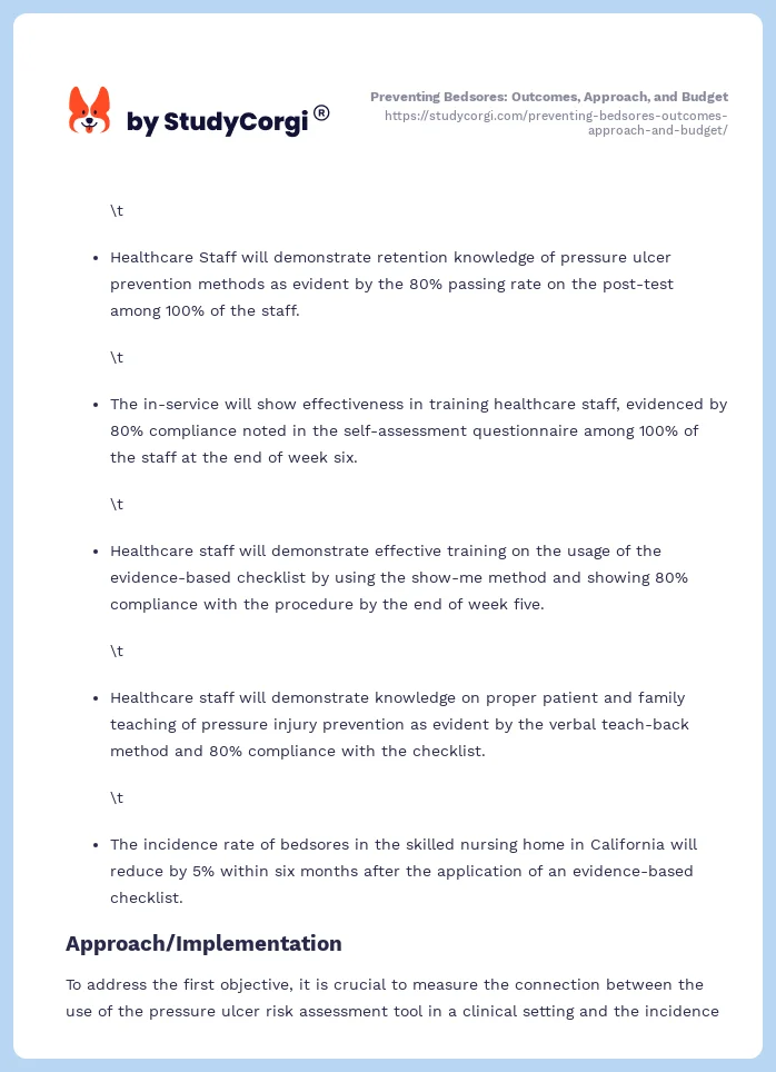 Preventing Bedsores: Outcomes, Approach, and Budget. Page 2