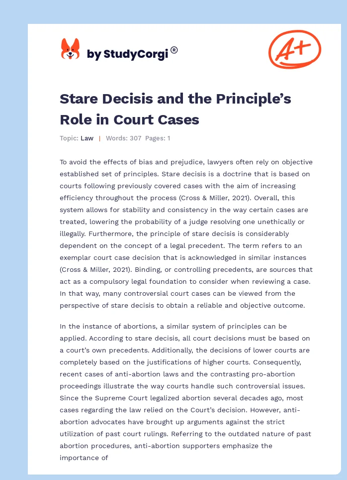 Stare Decisis and the Principle’s Role in Court Cases. Page 1