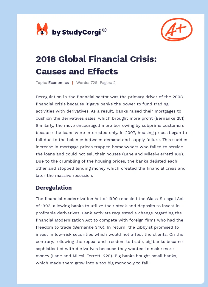 2018 Global Financial Crisis: Causes and Effects. Page 1