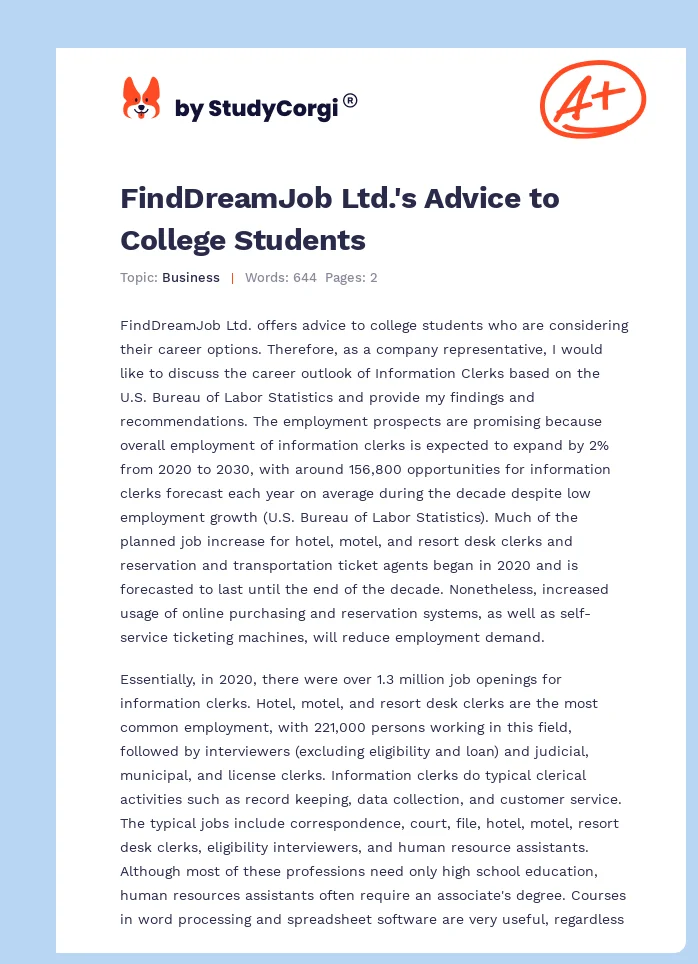 FindDreamJob Ltd.'s Advice to College Students. Page 1