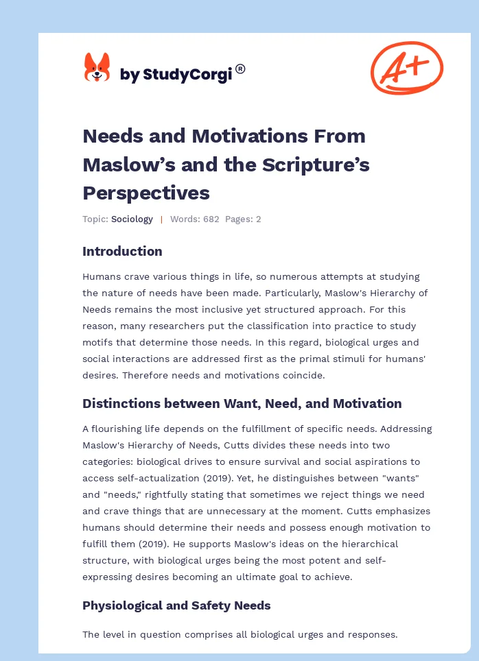 Needs and Motivations From Maslow’s and the Scripture’s Perspectives. Page 1