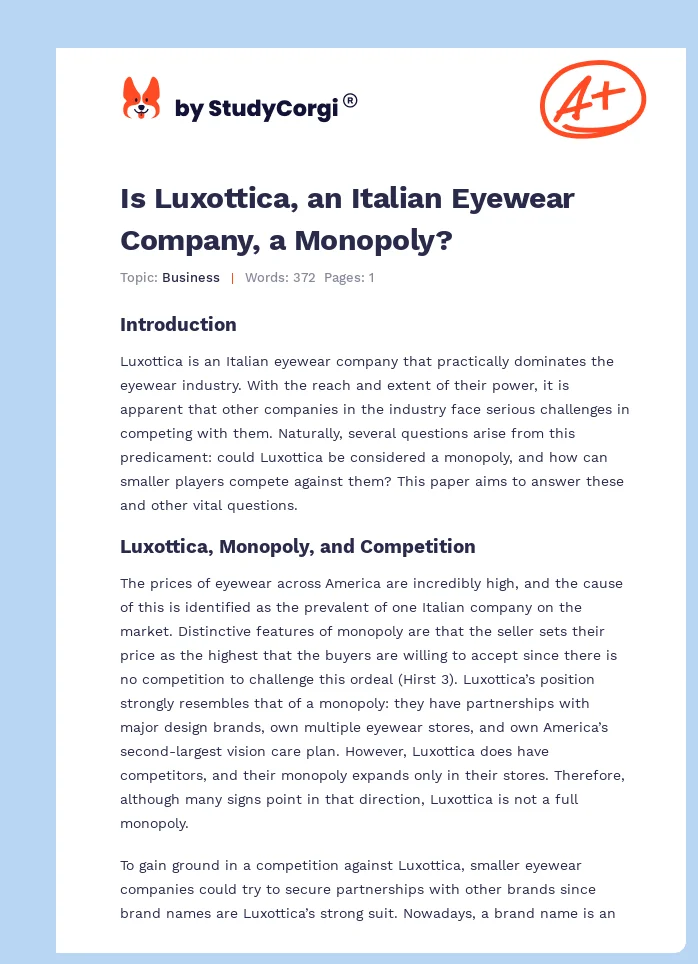 Is Luxottica, an Italian Eyewear Company, a Monopoly?. Page 1