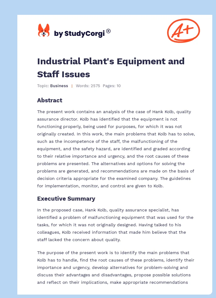 Industrial Plant's Equipment and Staff Issues. Page 1