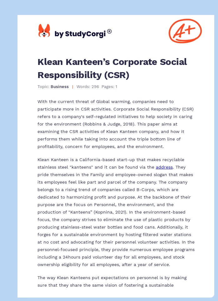 Klean Kanteen’s Corporate Social Responsibility (CSR). Page 1
