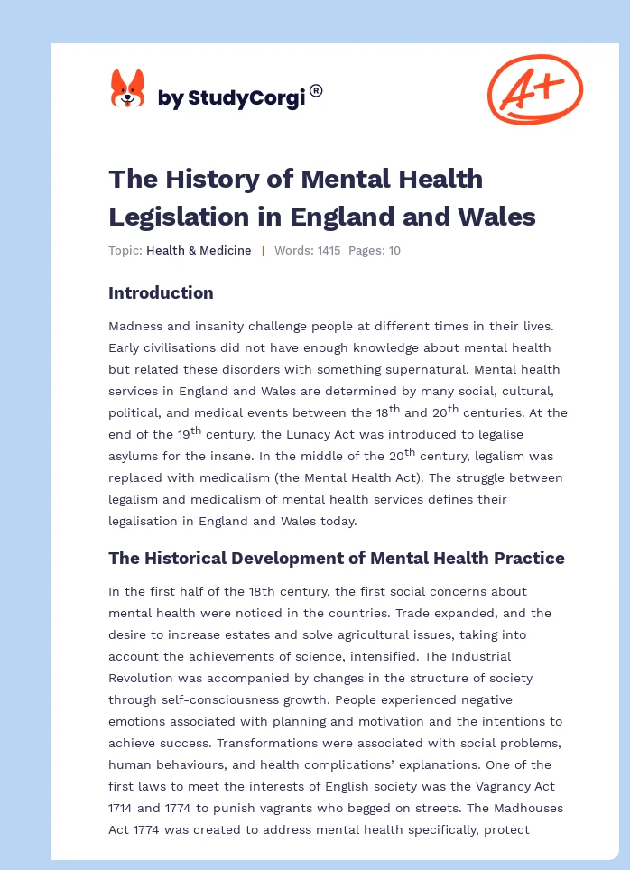The History of Mental Health Legislation in England and Wales. Page 1