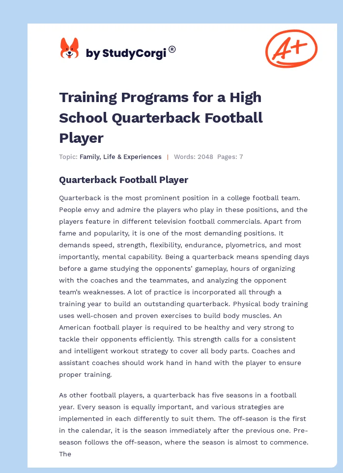 Training Programs for a High School Quarterback Football Player. Page 1