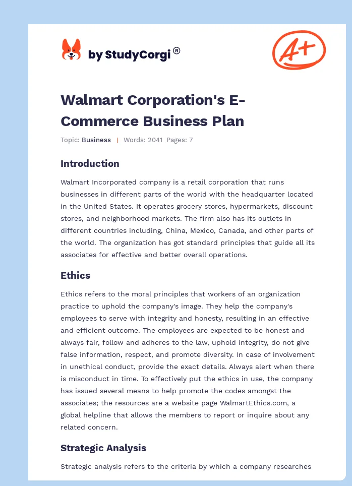 Walmart Corporation's E-Commerce Business Plan. Page 1