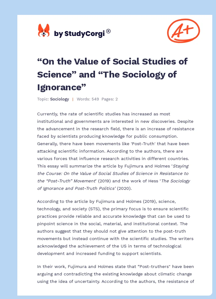 “On the Value of Social Studies of Science” and “The Sociology of Ignorance”. Page 1