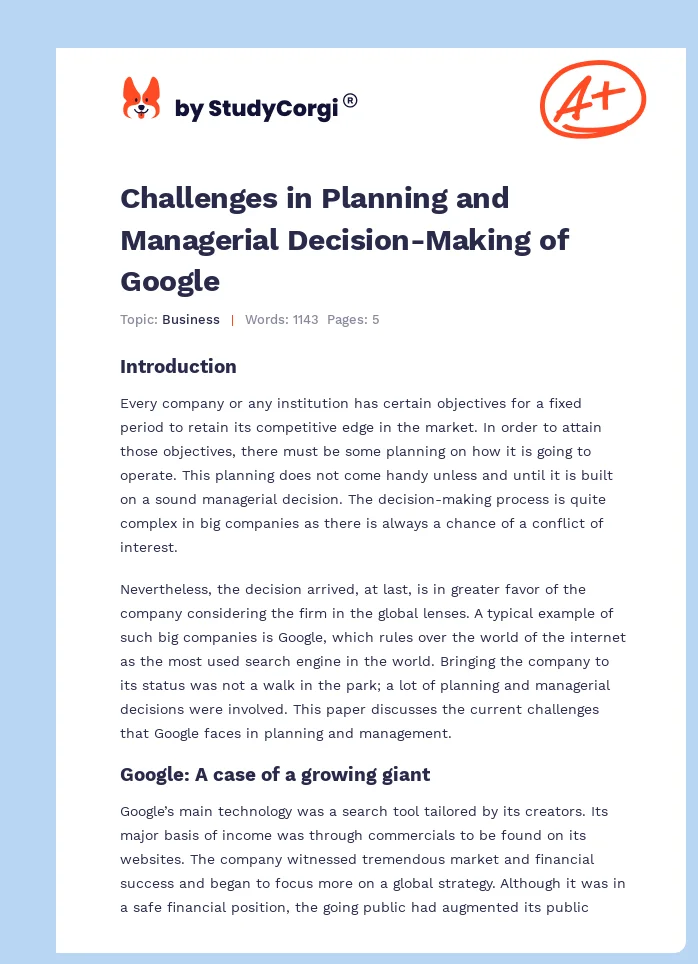 Challenges in Planning and Managerial Decision-Making of Google. Page 1