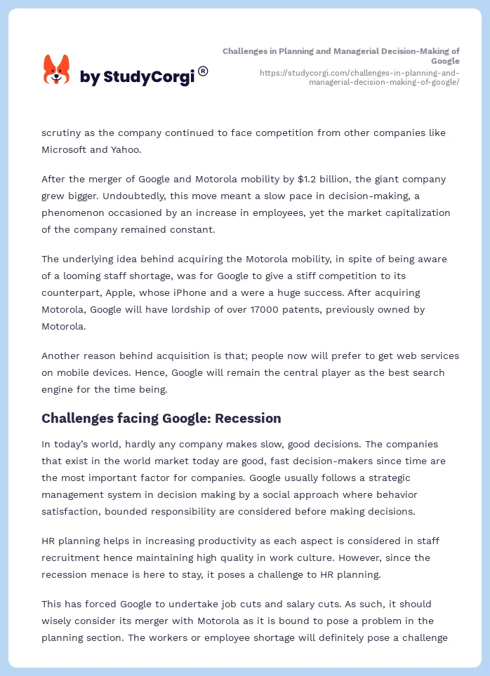 Challenges in Planning and Managerial Decision-Making of Google. Page 2
