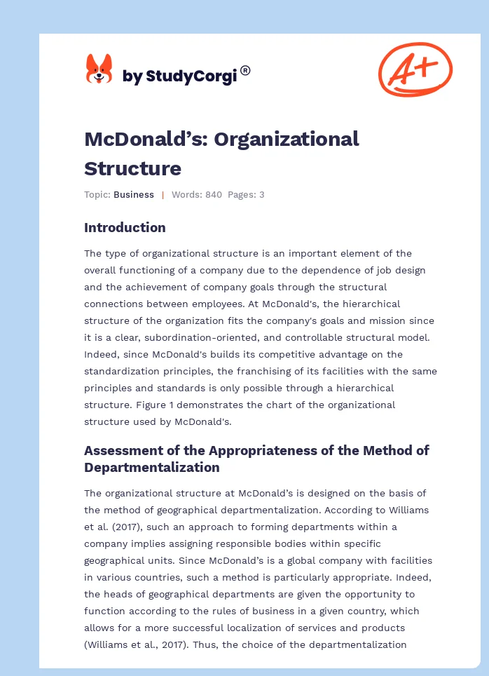 McDonald’s: Organizational Structure. Page 1