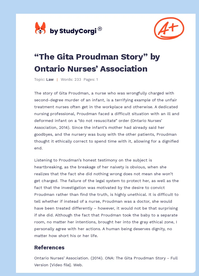 “The Gita Proudman Story” by Ontario Nurses’ Association. Page 1