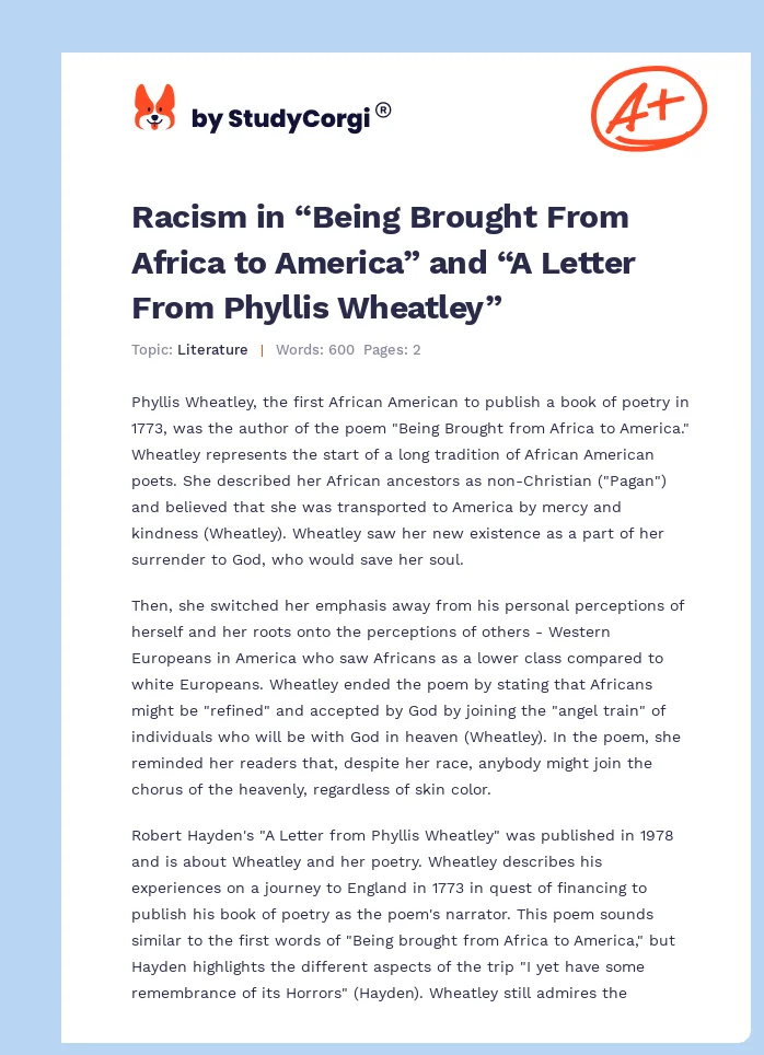 Racism in “Being Brought From Africa to America” and “A Letter From Phyllis Wheatley”. Page 1