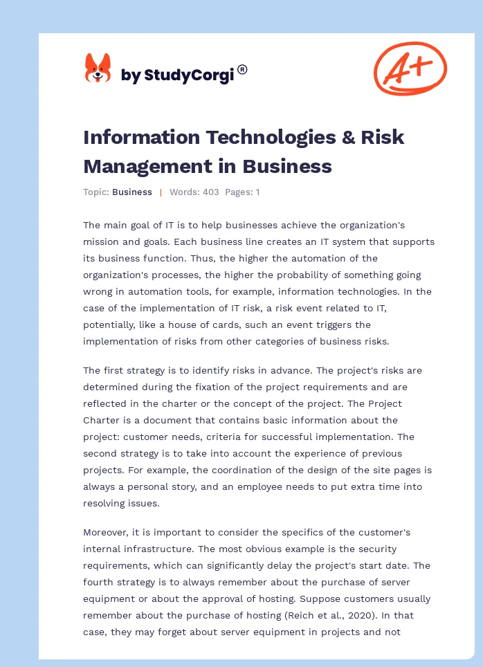 Information Technologies & Risk Management in Business. Page 1