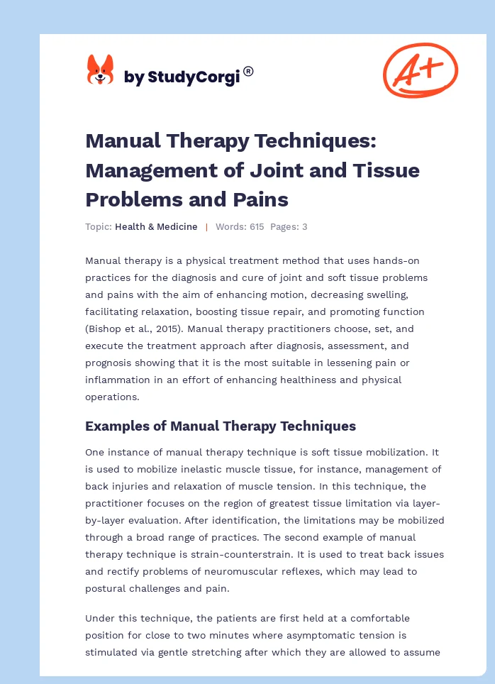 Manual Therapy Techniques: Management of Joint and Tissue Problems and Pains. Page 1