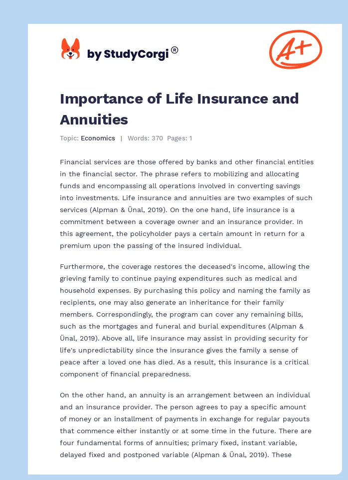 Importance of Life Insurance and Annuities. Page 1