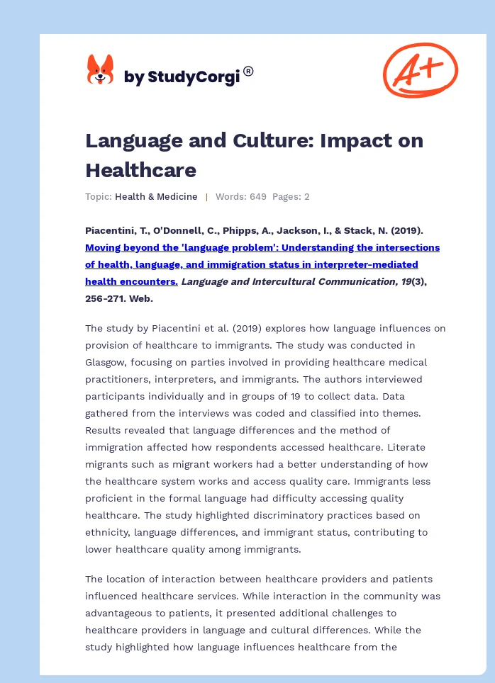 Language and Culture: Impact on Healthcare. Page 1