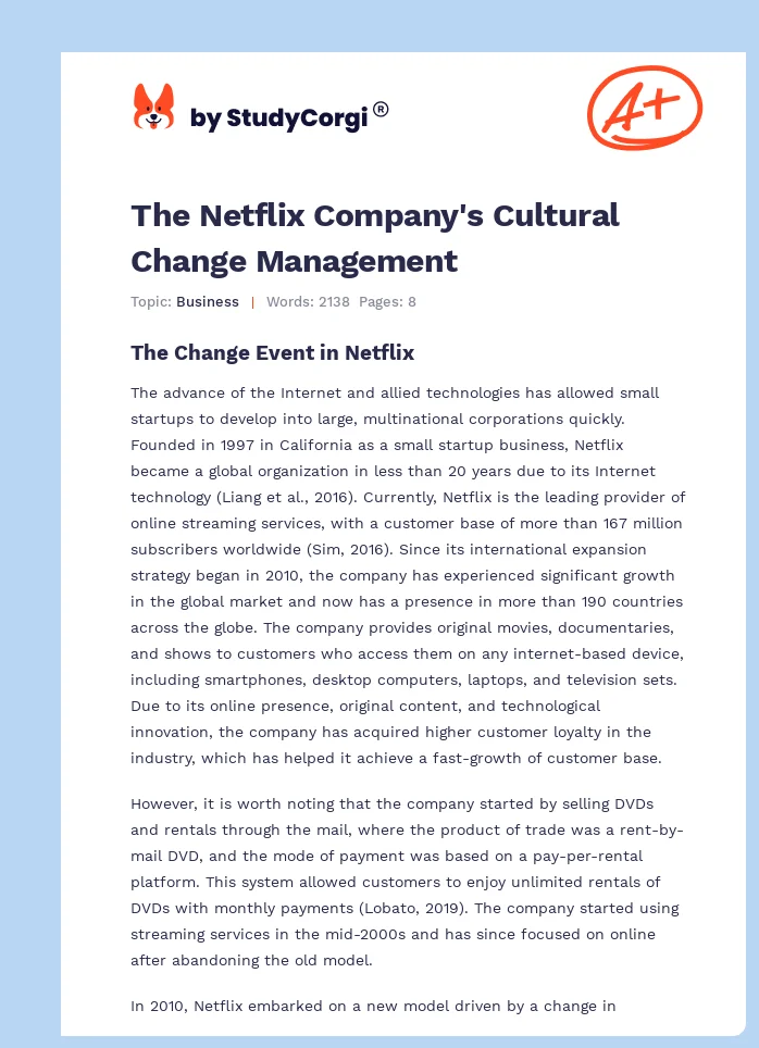 The Netflix Company's Cultural Change Management. Page 1