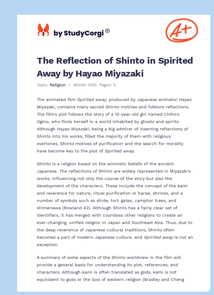 The Reflection of Shinto in Spirited Away by Hayao Miyazaki. Page 1
